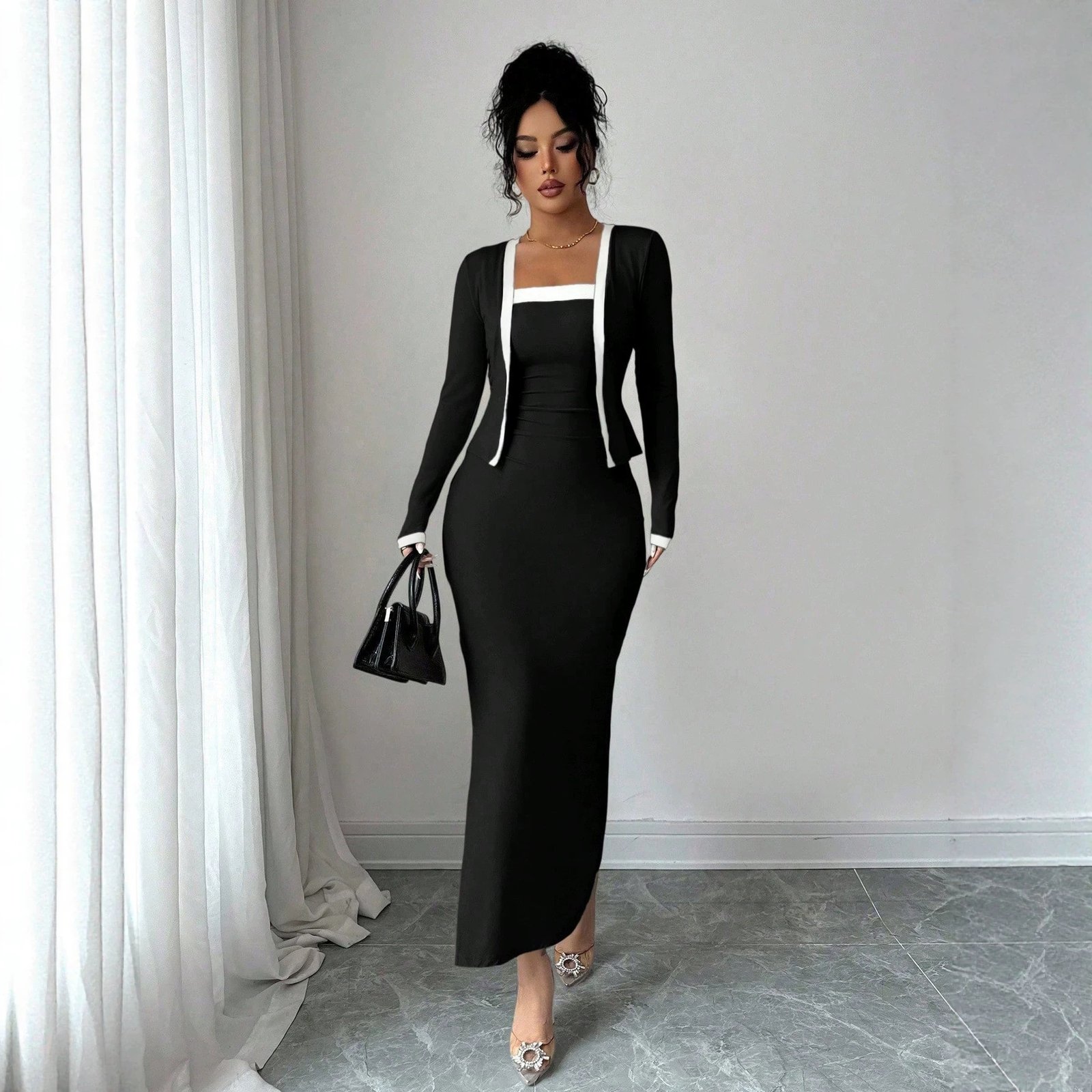 Elegant Black-and-white Color-blocked Coat And Slip Dress Two-piece Set - الصورة 3
