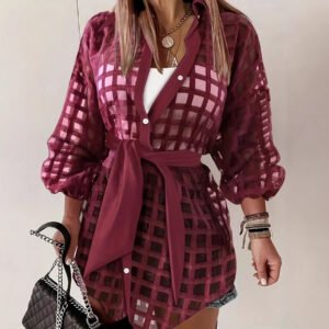 Womens Wine-red Lace-up Waist-defined Lapel Long-sleeve Top