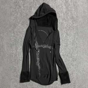 American-style Vintage Black V-neck Printed Hooded Loose-fit Long-sleeve Sweatshirt
