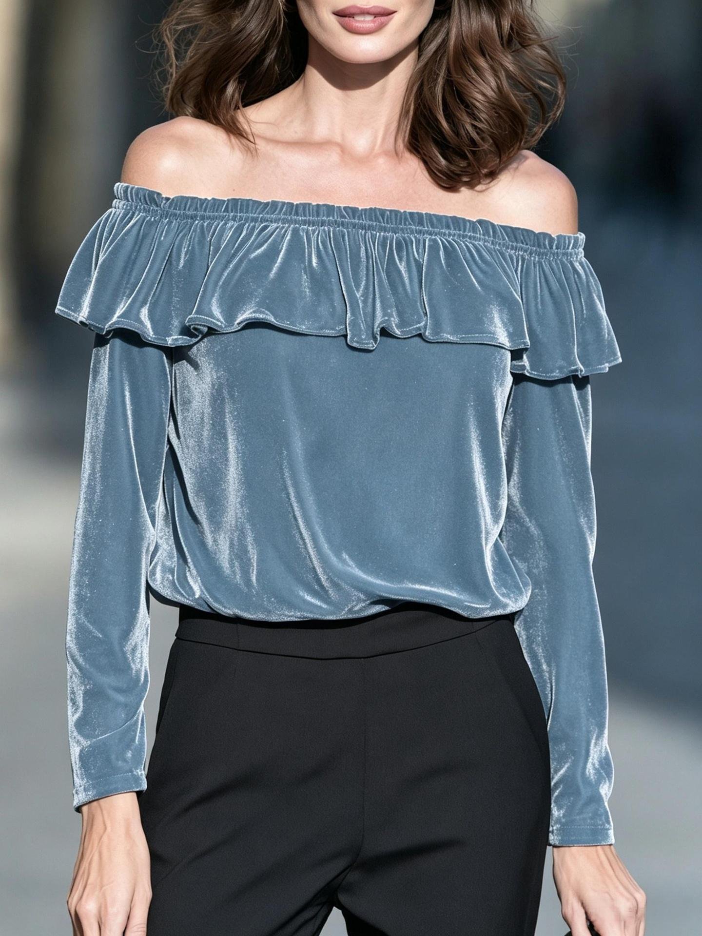 New Autumnwinter Off-shoulder Velvet Long-sleeve Top With Ruffled Hem - الصورة 3