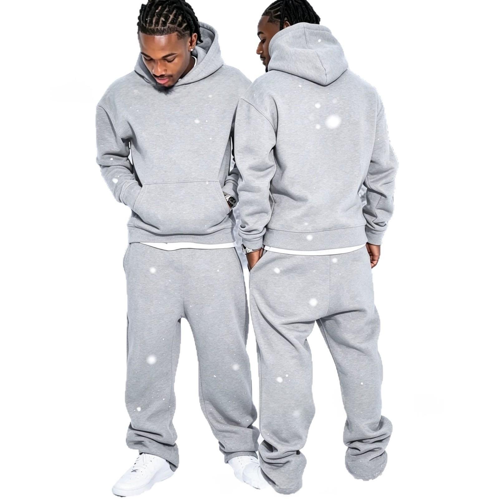 Solid-color Fleece-lined Hoodie And Wide-leg Straight-leg Pants Set - الصورة 6
