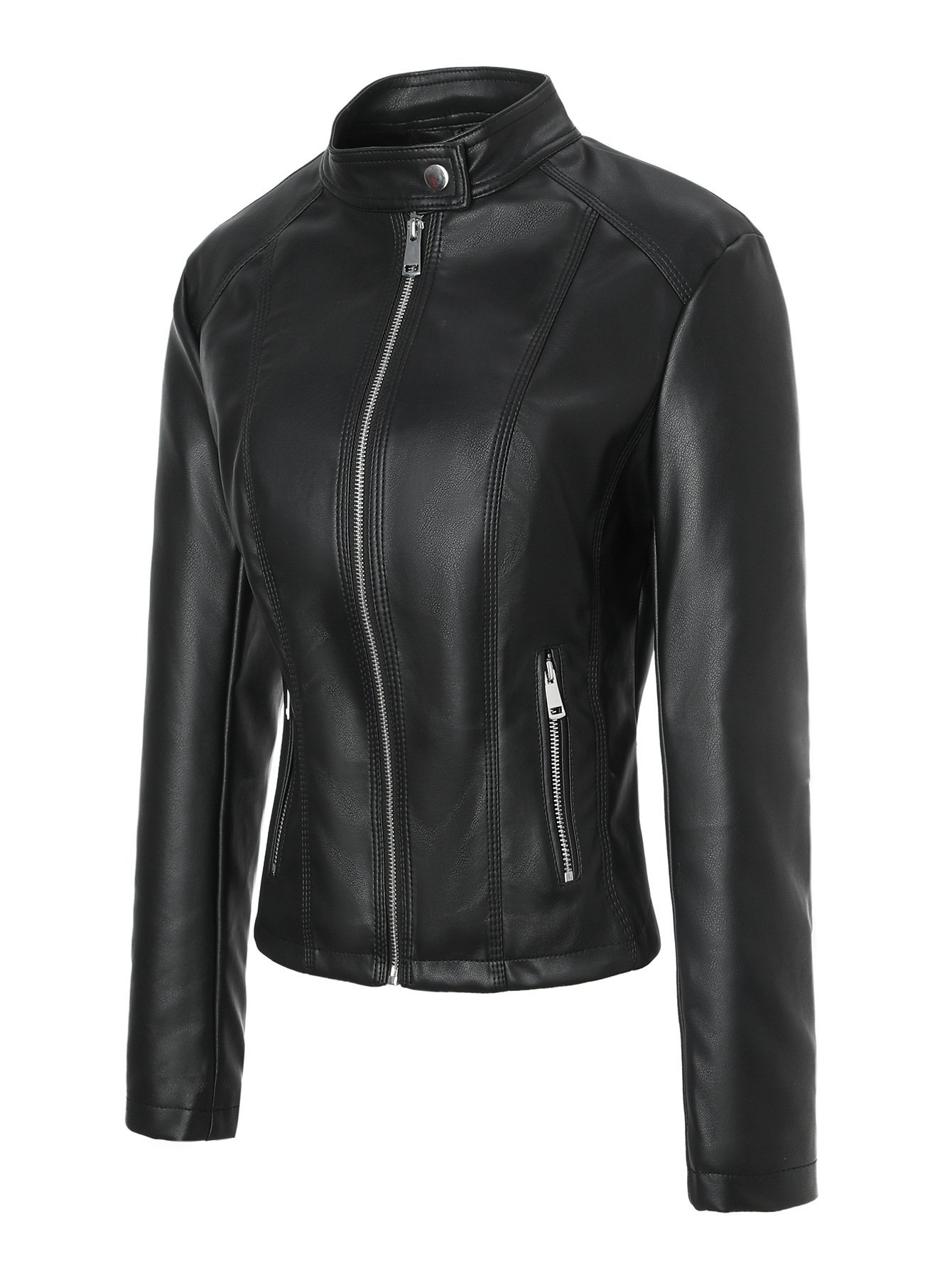 Women's Stand-collar Zip-up Biker PU Leather Jacket - الصورة 6