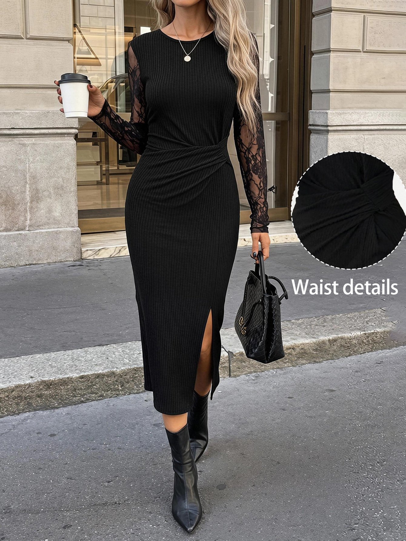 Women's Lace-panel Long-sleeve Slit Dress - الصورة 6