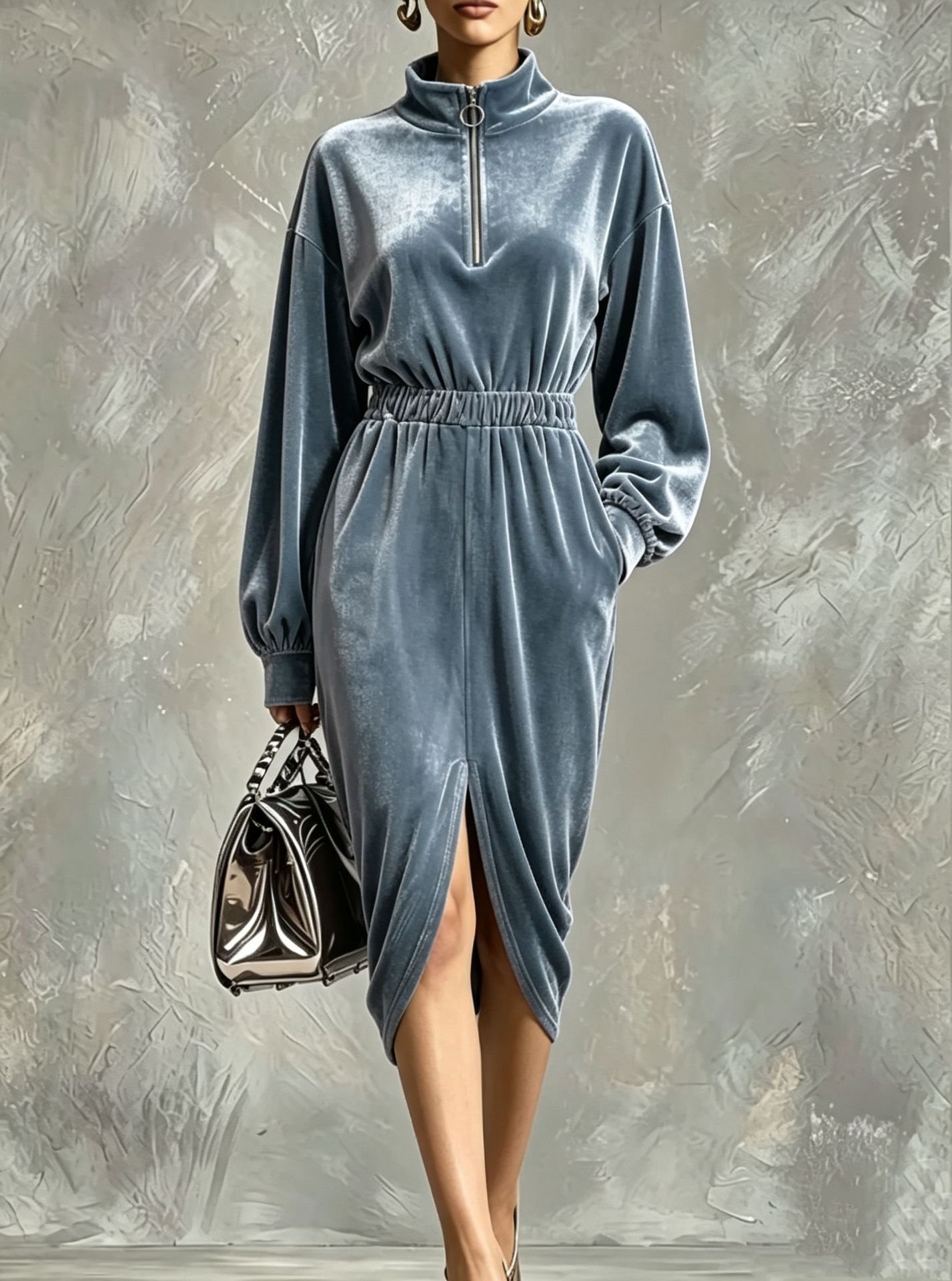 Women's Fashion Velvet Zip-front Waist-cinching Long-sleeve Dress - الصورة 8