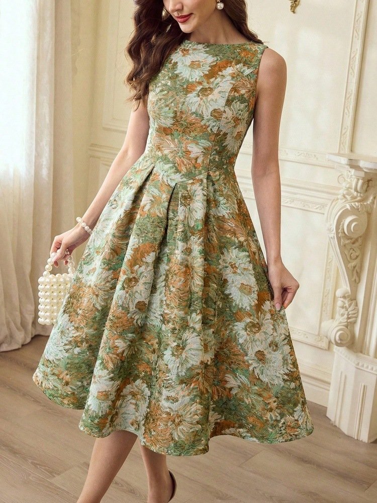 French-style Women's Retro Oil-painting Sleeveless Dress - الصورة 5