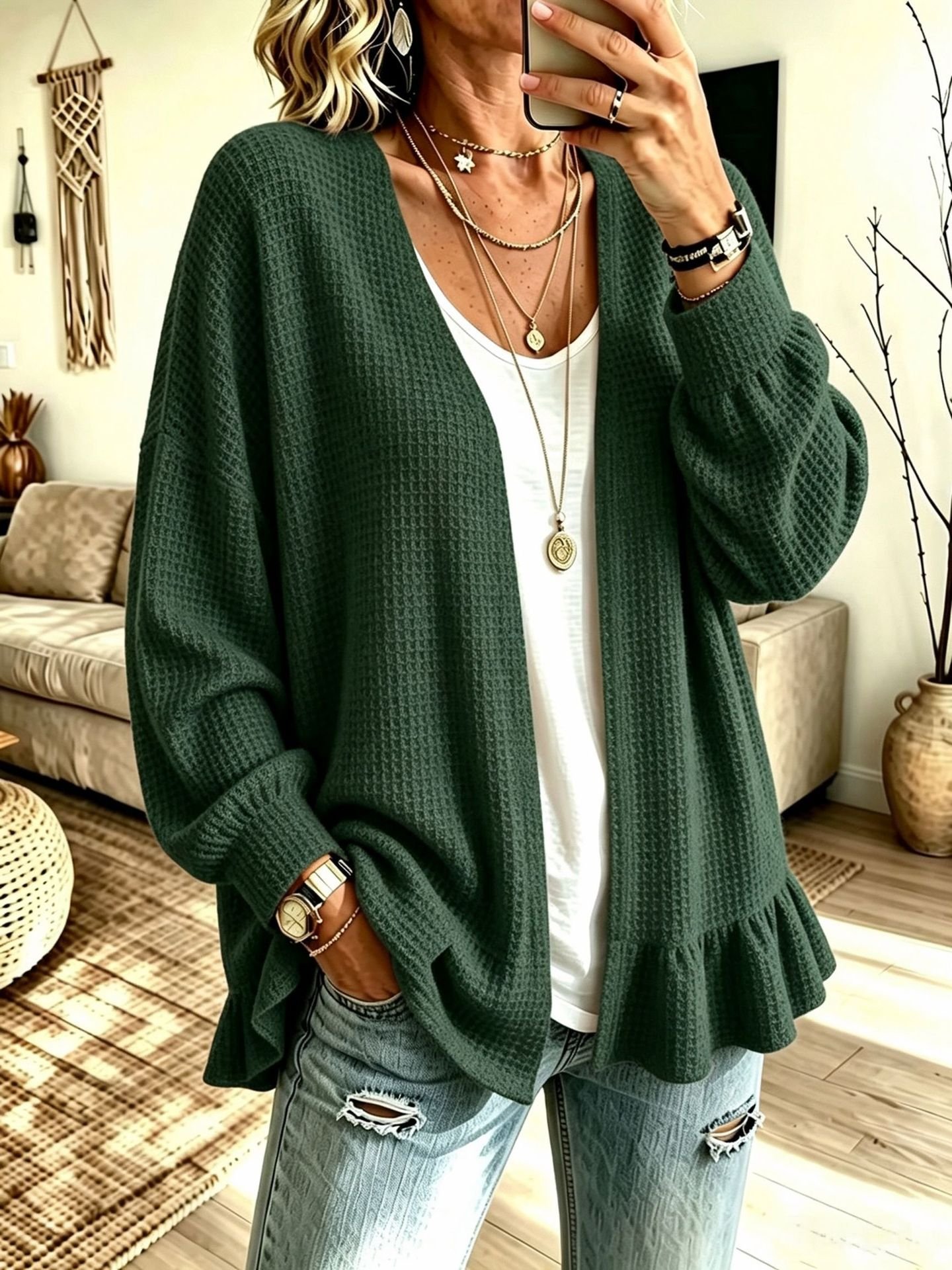 Women's Waffle-knit Cardigan With A Ruffled Hem - الصورة 2