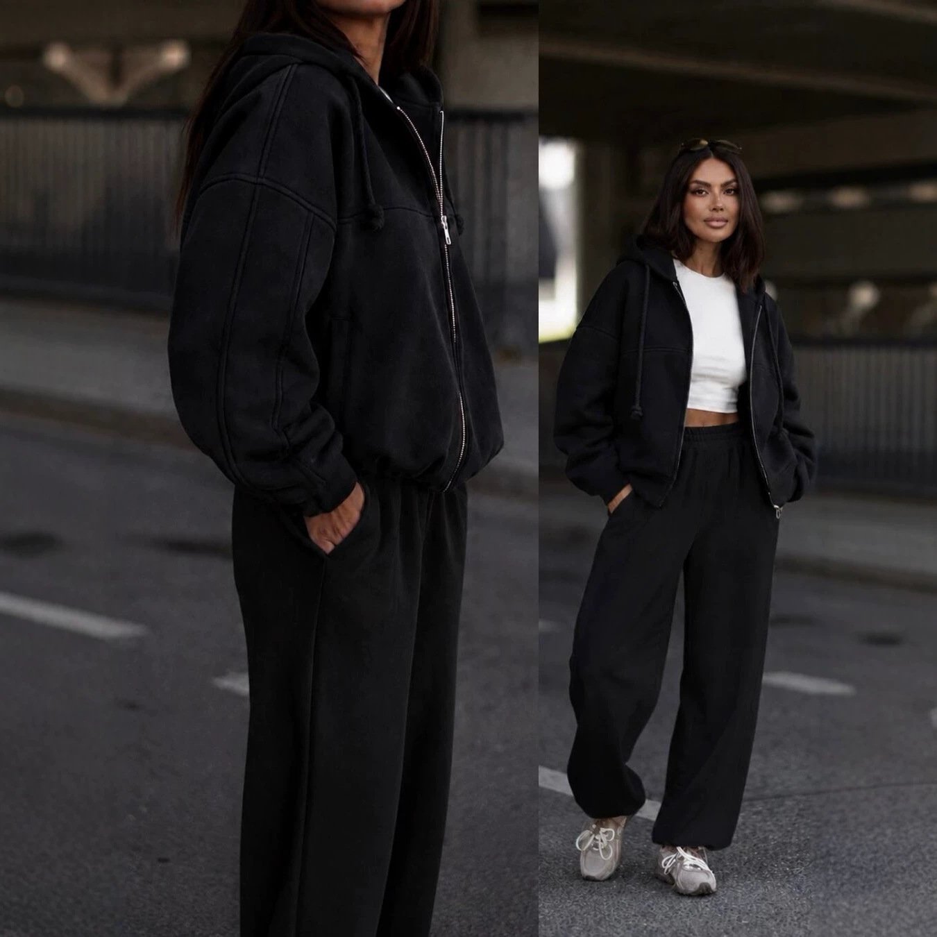 Women's Two-piece Set Zip-up Hooded Sweatshirt And Wide-leg Trousers - الصورة 7