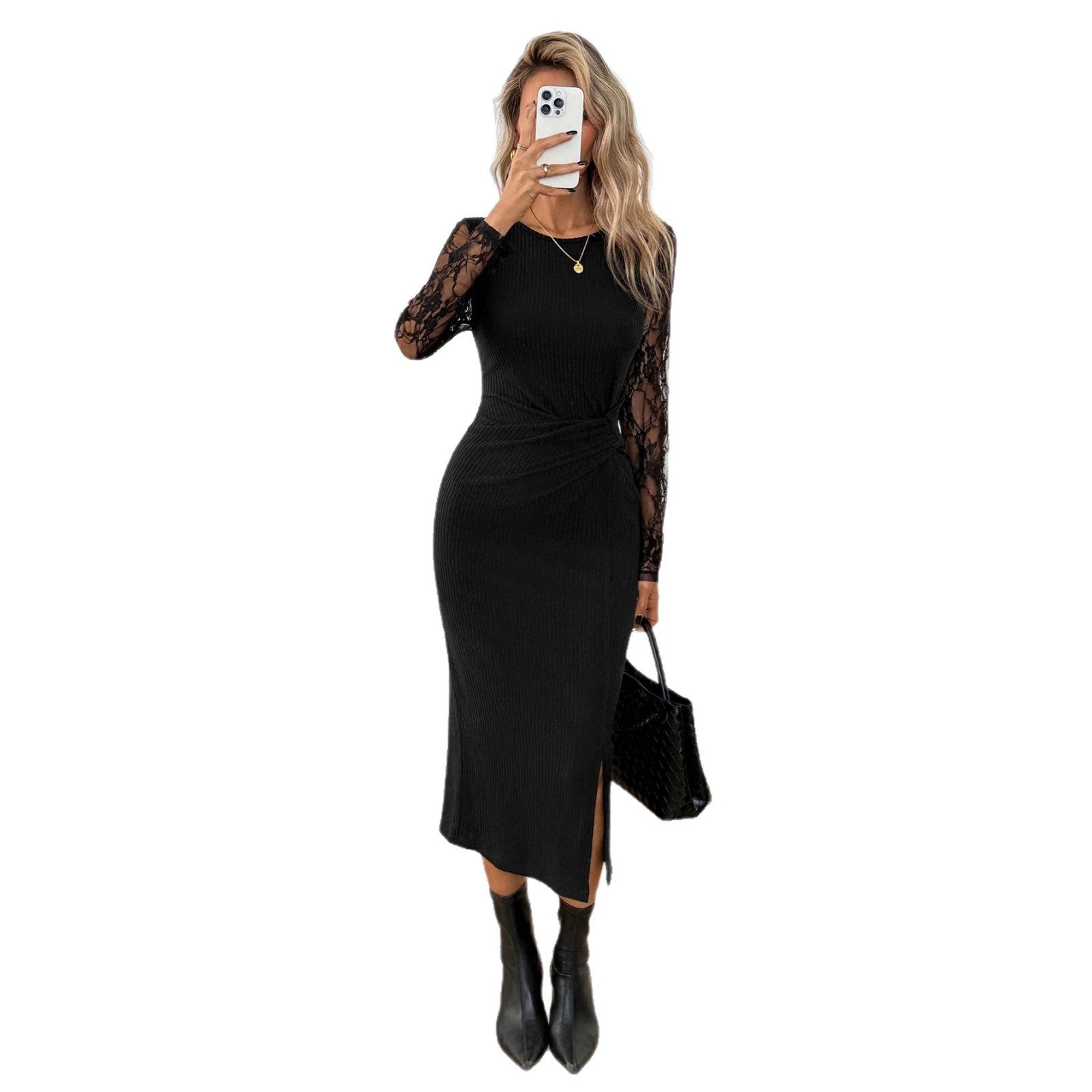 Women's Lace-panel Long-sleeve Slit Dress - الصورة 5
