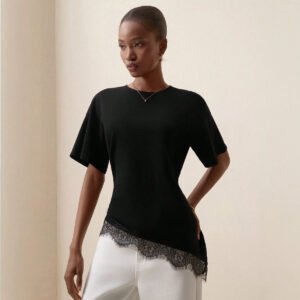 Summer Round-neck Hollow-out Lace-trimmed Short-sleeve Women's Top