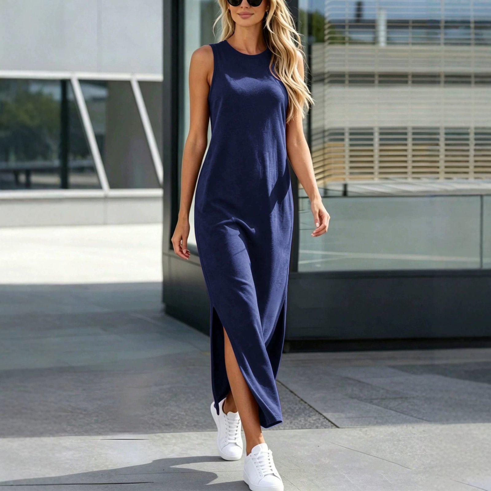 Sleeveless Slit Casual Loose-fit Figure-flattering Workwear Vest Dress - الصورة 4