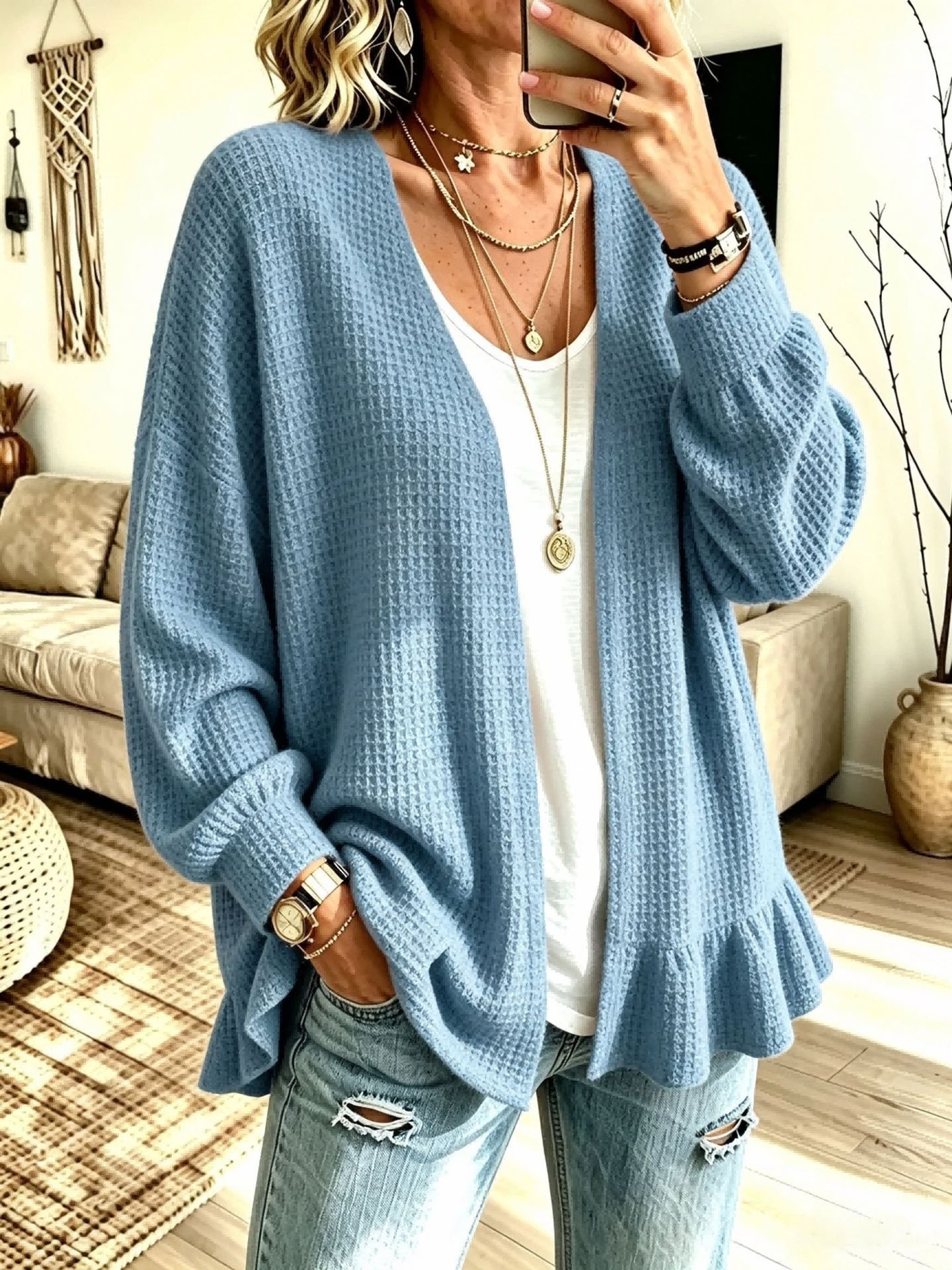 Women's Waffle-knit Cardigan With A Ruffled Hem - الصورة 5