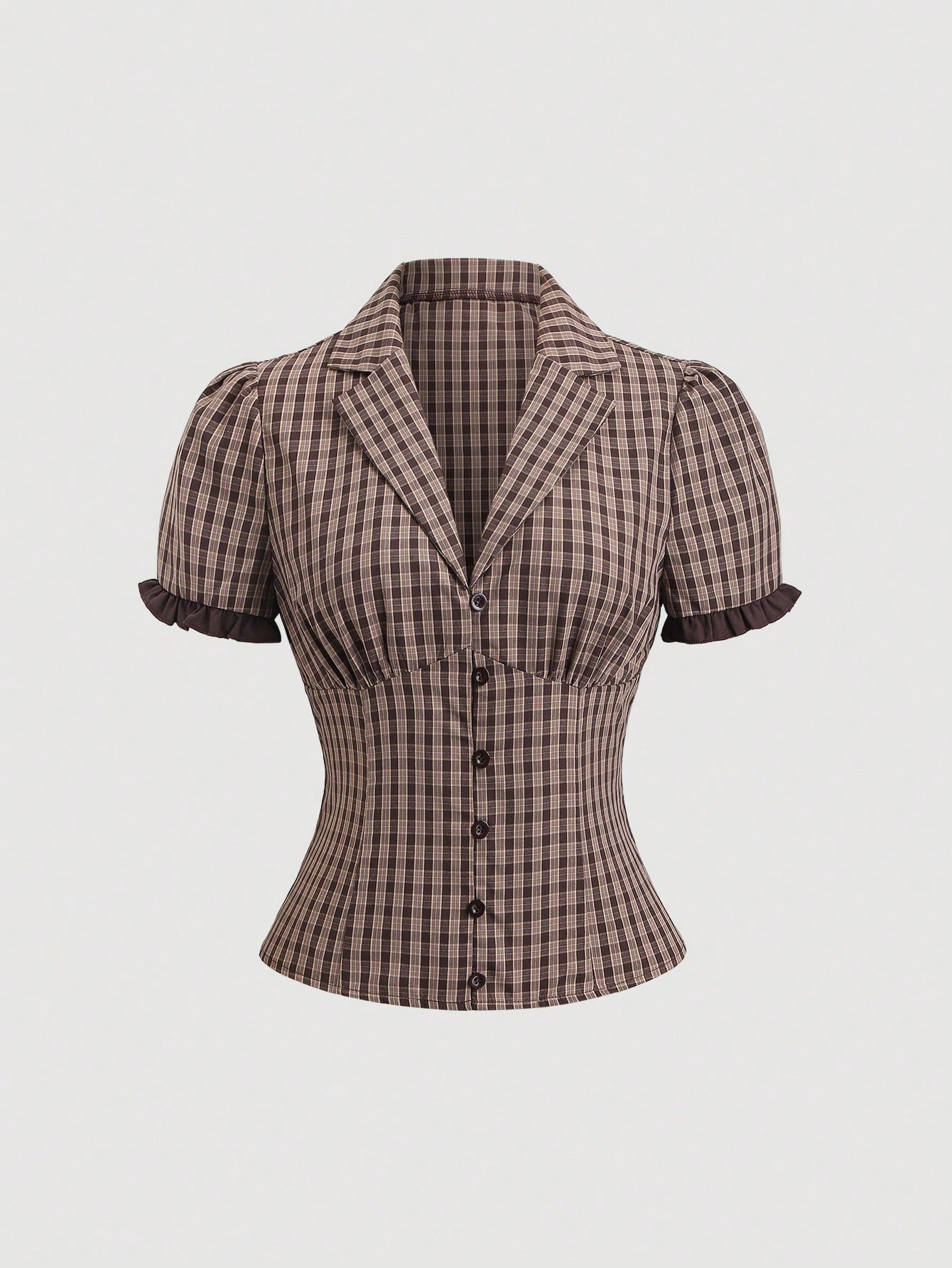 Summer New Wave Lace Patchwork Lapel Slim-fit Plaid Short-sleeve Shirt - الصورة 4
