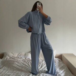 Solid-color Long-sleeve Zip-up Cardigan And Drawstring Wide-leg Pants Two-piece Set