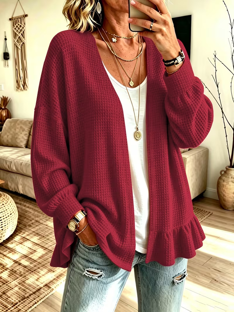 Women's Waffle-knit Cardigan With A Ruffled Hem - الصورة 6