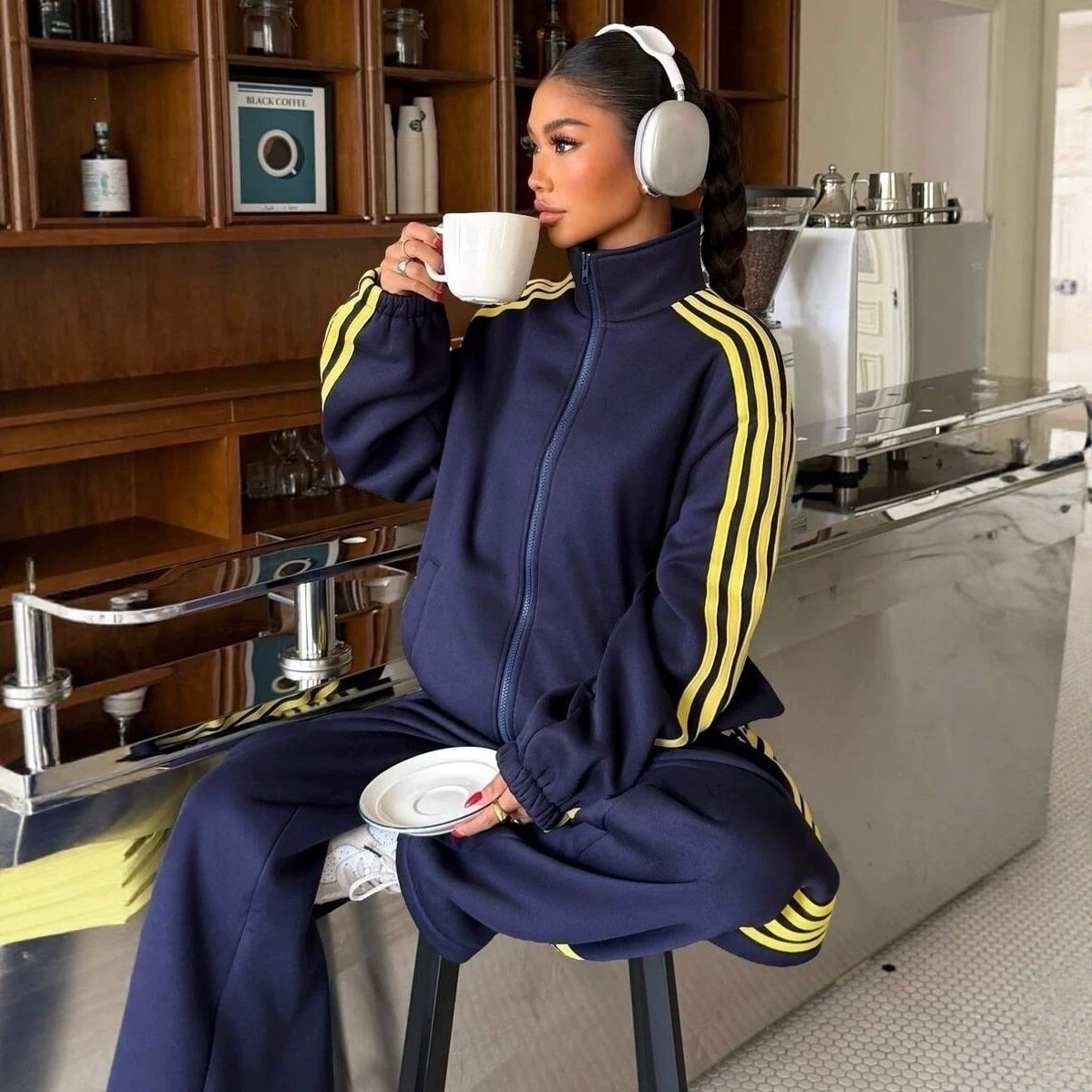 Color-block Striped Jacket And Pants Womens Sportswear Set - الصورة 7