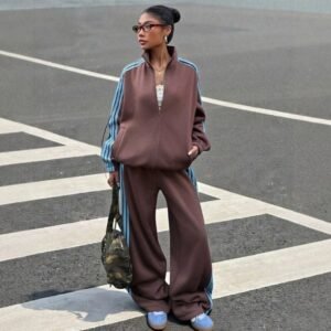 Color-block Striped Jacket And Pants Womens Sportswear Set