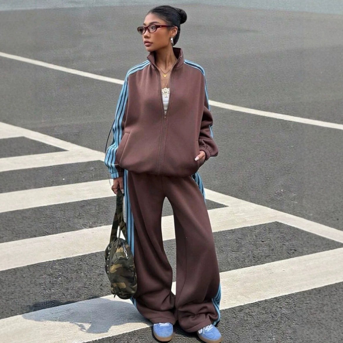 Color-block Striped Jacket And Pants Womens Sportswear Set