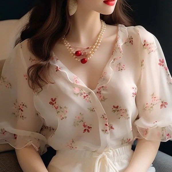 Womens Floral V-Neck Short-Sleeve Shirt