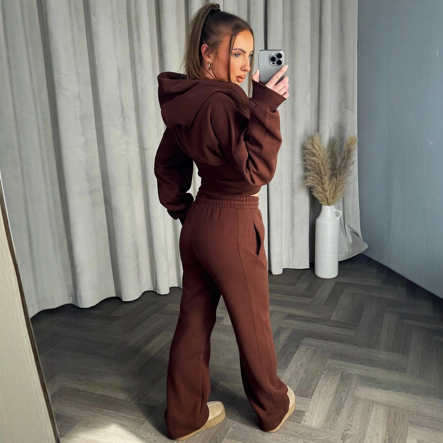New Autumnwinter Long-sleeve Pants Set With Ribbed Patchwork And A Hooded Cardigan For Women - الصورة 10