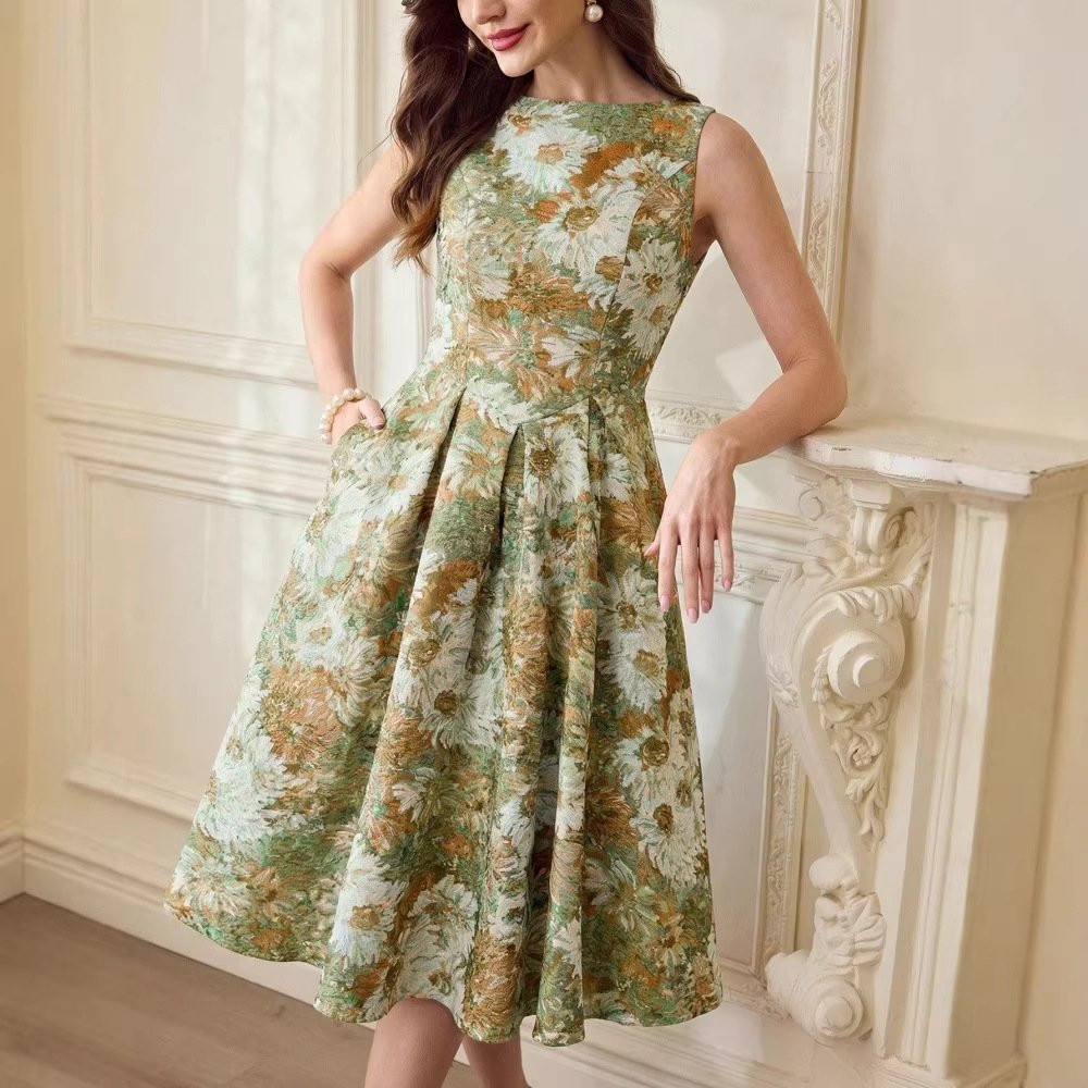 French-style Women's Retro Oil-painting Sleeveless Dress