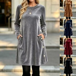 Womens Solid-color Velvet Long-sleeve Dress With Buttons