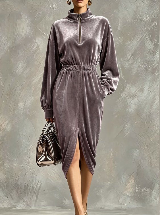 Women's Fashion Velvet Zip-front Waist-cinching Long-sleeve Dress - الصورة 2