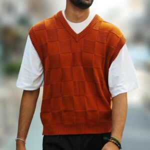 V-neck Sleeveless Plaid Knit Pullover Vest