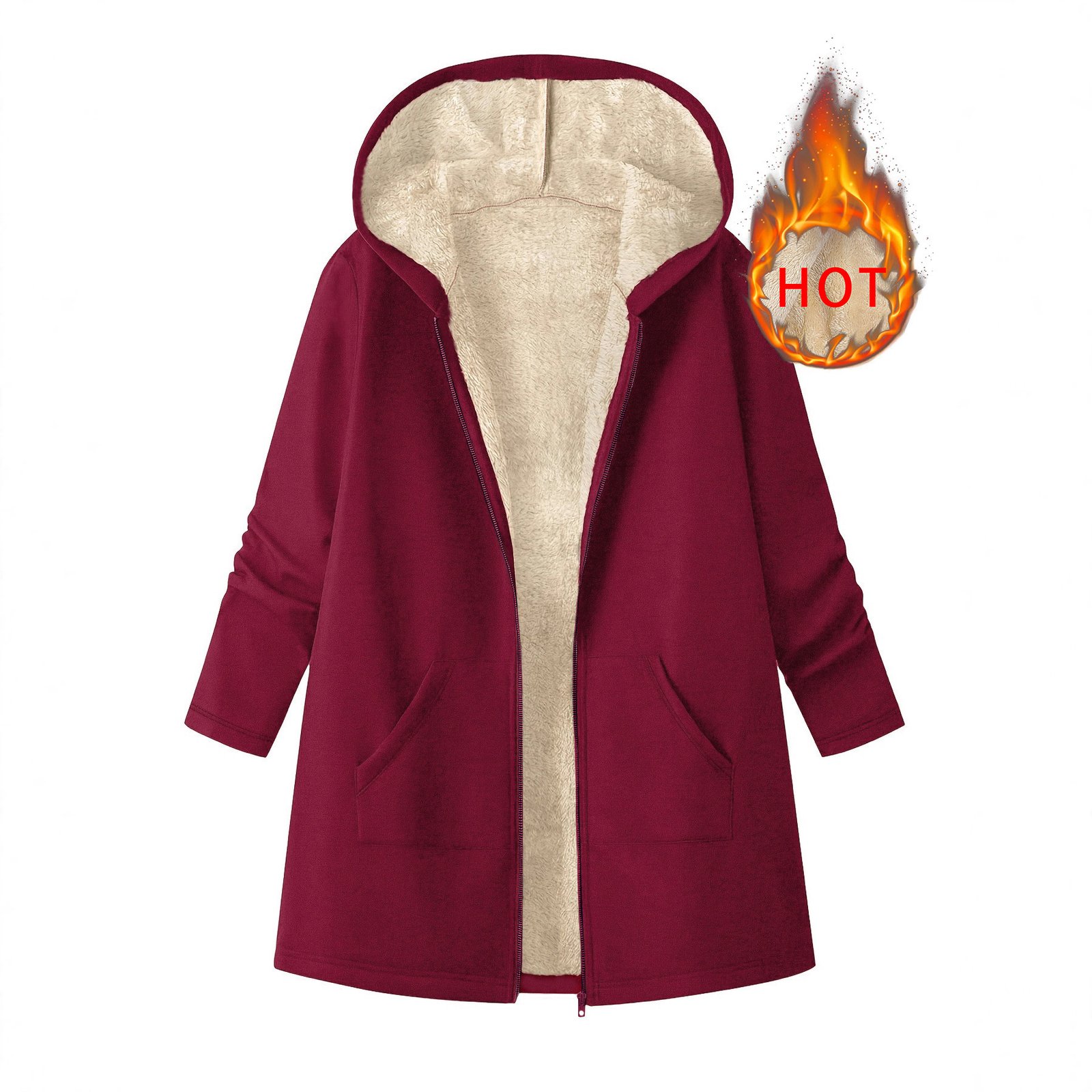 Women's Solid-Color Fleece-Lined Warm Mid-Length Hooded Coat - الصورة 3