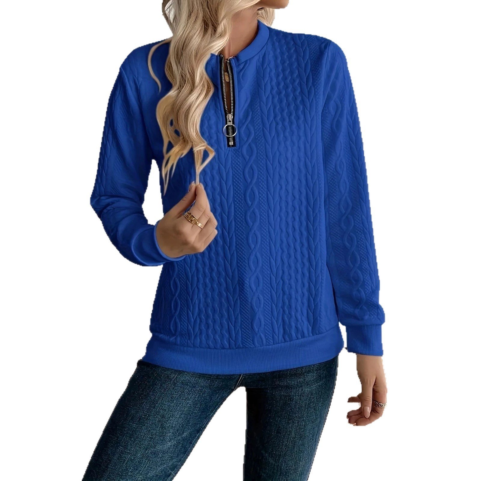 Womens Casual Solid-color Zip-up Crew-neck Top - الصورة 6