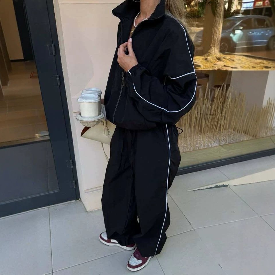 Women's Stand-collar Jacket And Loose-fitting Trousers Two-piece Set