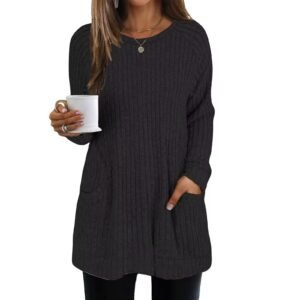 Mid-length Knit Sweater With A Crew Neck, Ribbed Texture Solid Color And Pockets