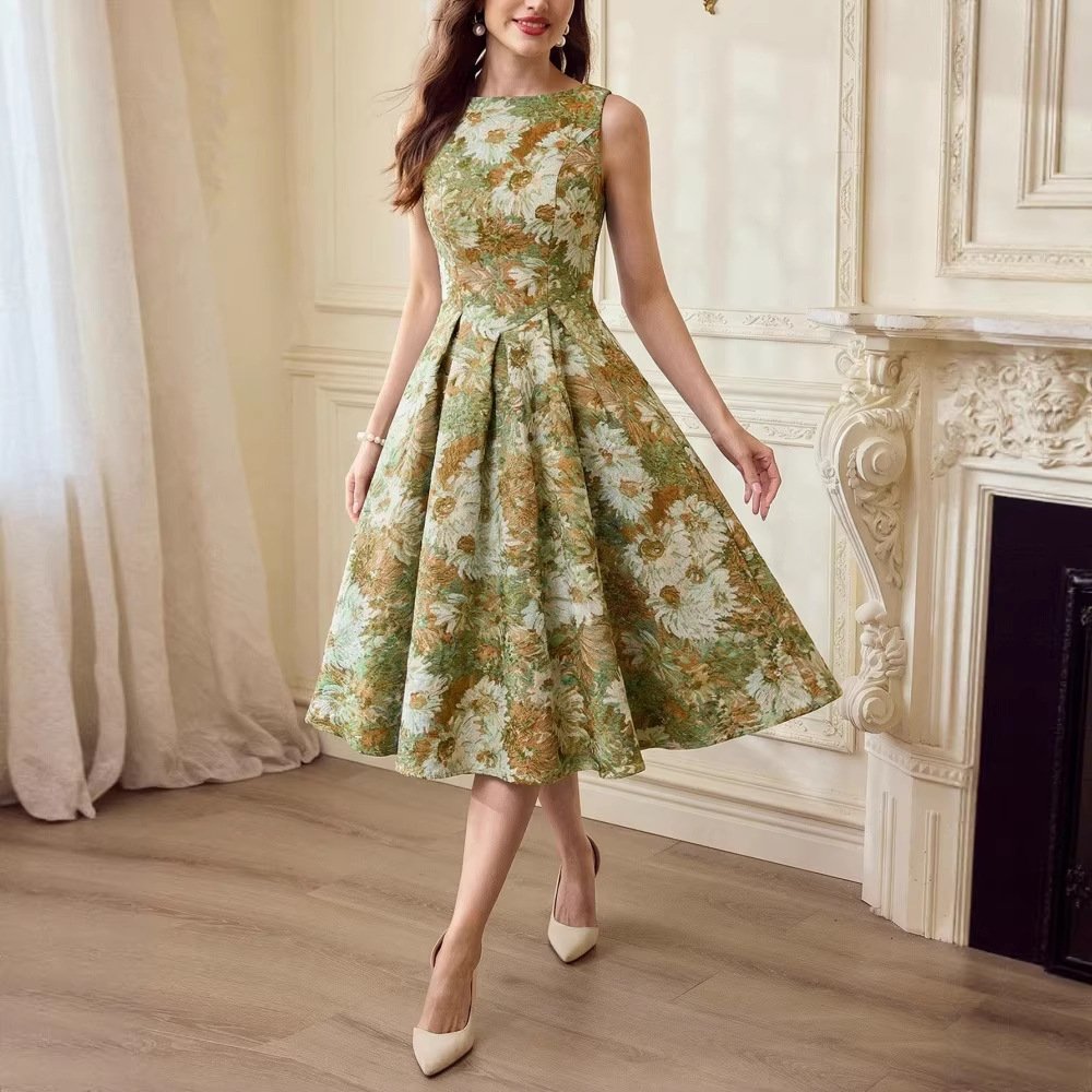French-style Women's Retro Oil-painting Sleeveless Dress - الصورة 7