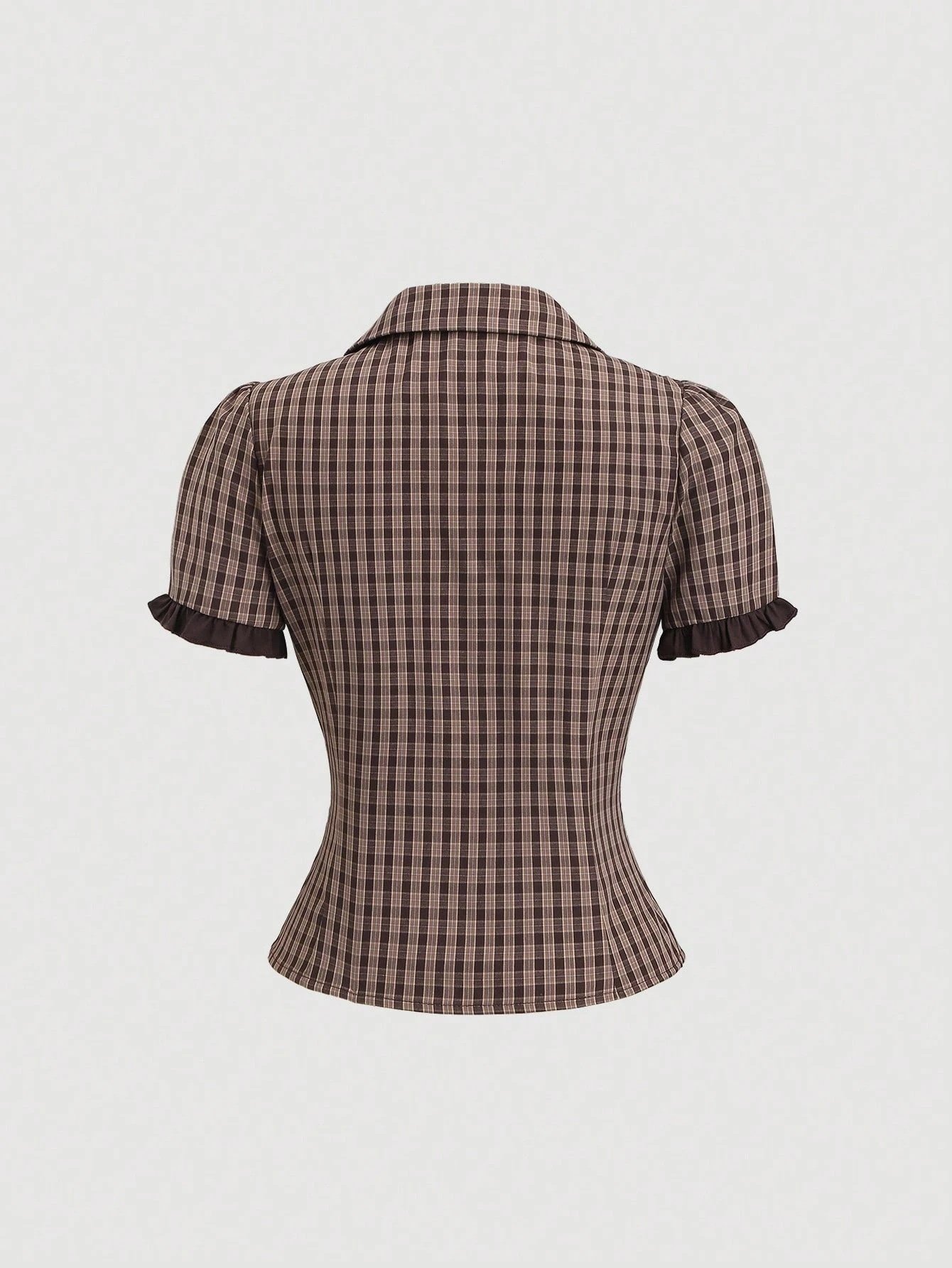 Summer New Wave Lace Patchwork Lapel Slim-fit Plaid Short-sleeve Shirt - الصورة 3