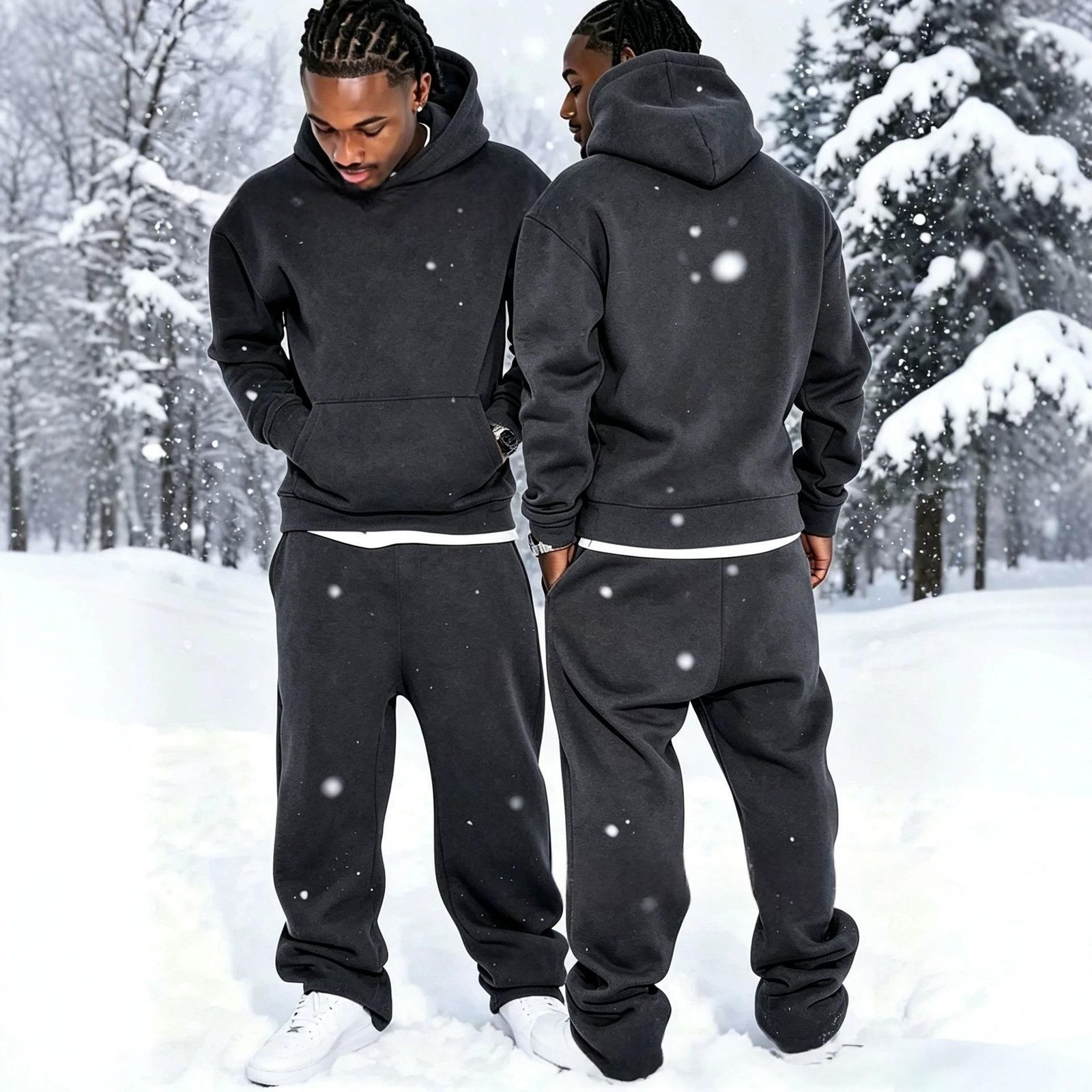 Solid-color Fleece-lined Hoodie And Wide-leg Straight-leg Pants Set - الصورة 4