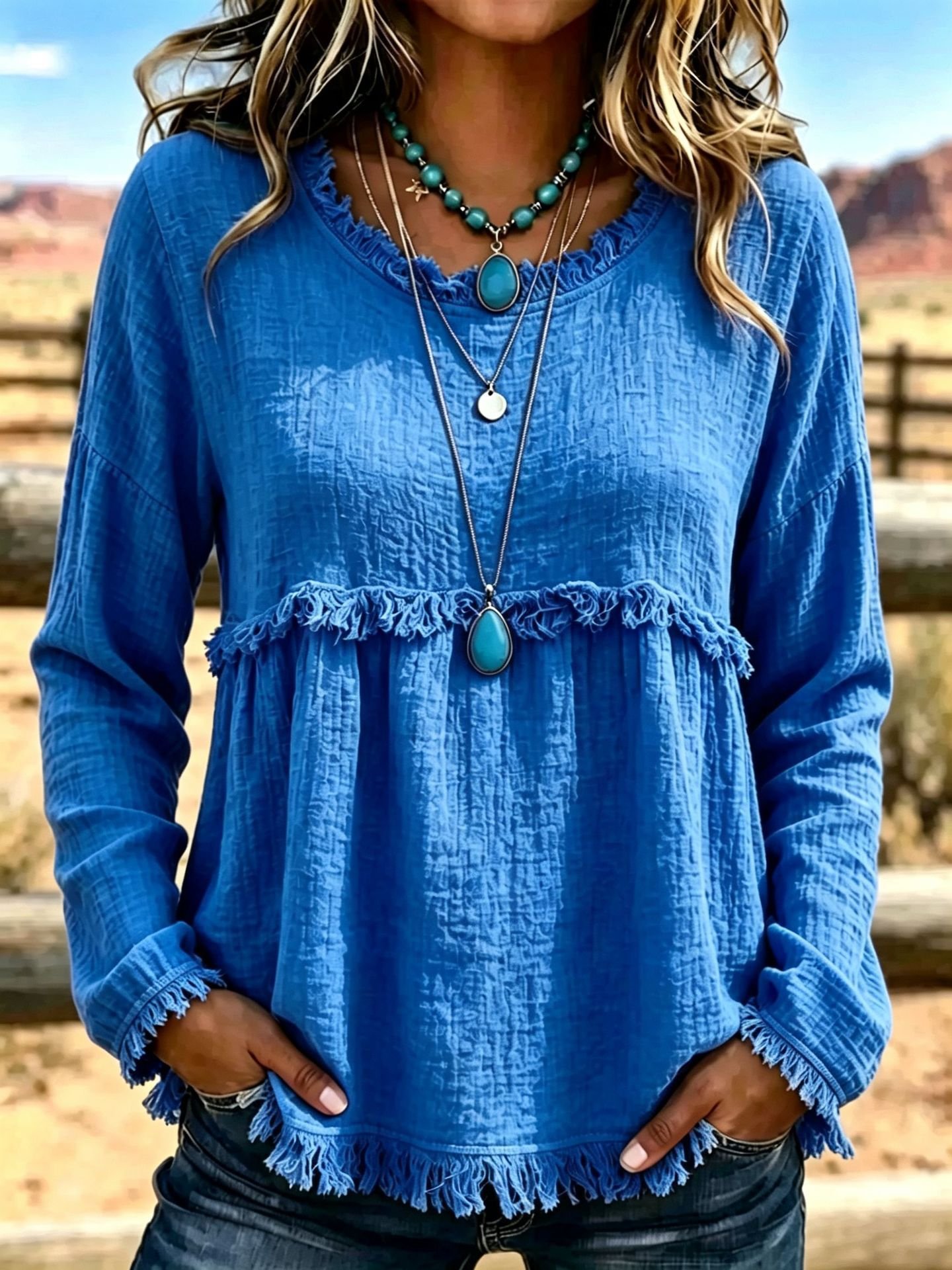 Tasseled Vintage Crew-neck Top Chic Long-sleeve Shirt - الصورة 4