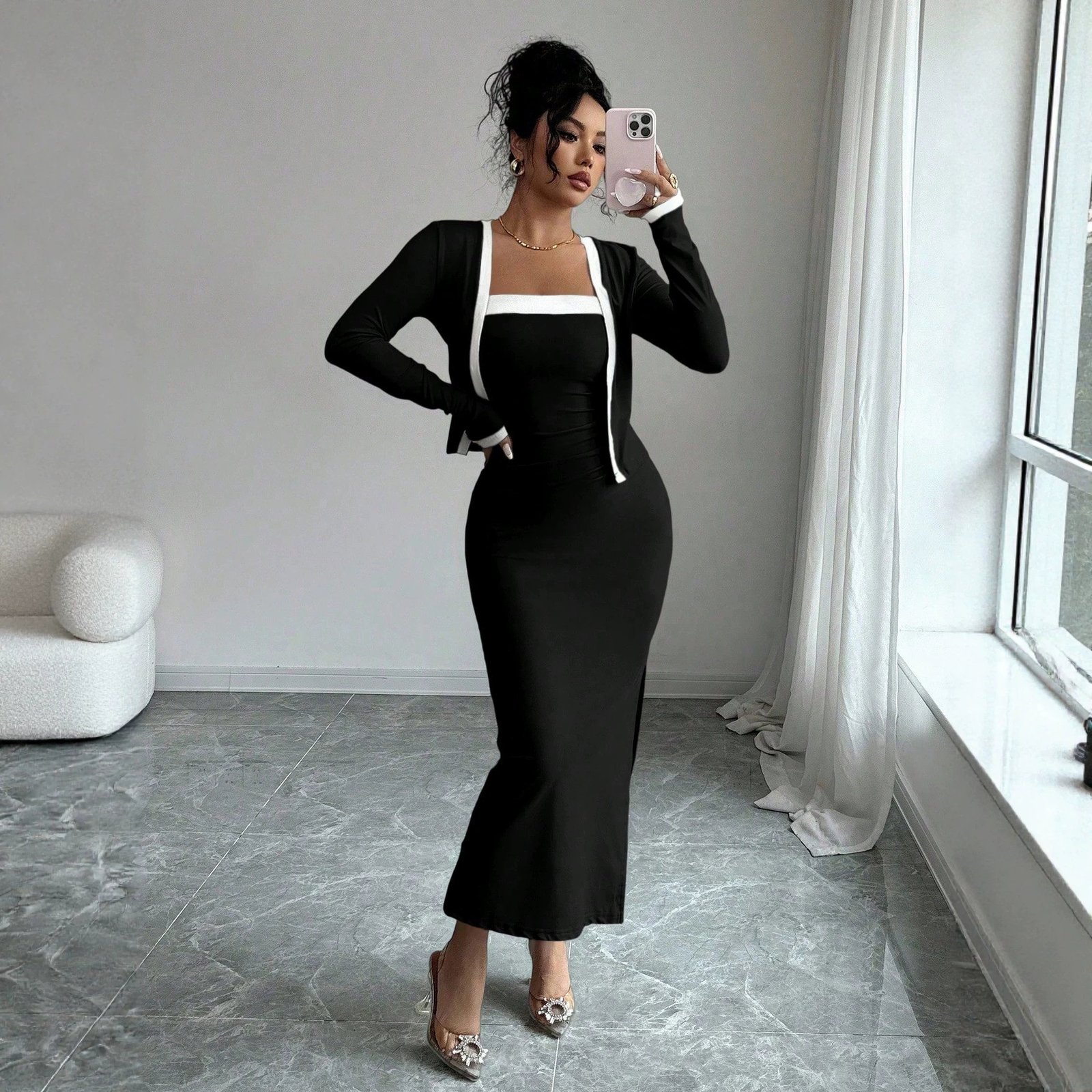 Elegant Black-and-white Color-blocked Coat And Slip Dress Two-piece Set - الصورة 2