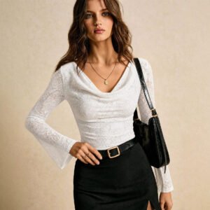 New French-style Boat-neck Long-sleeve Lace Flared-sleeve Top