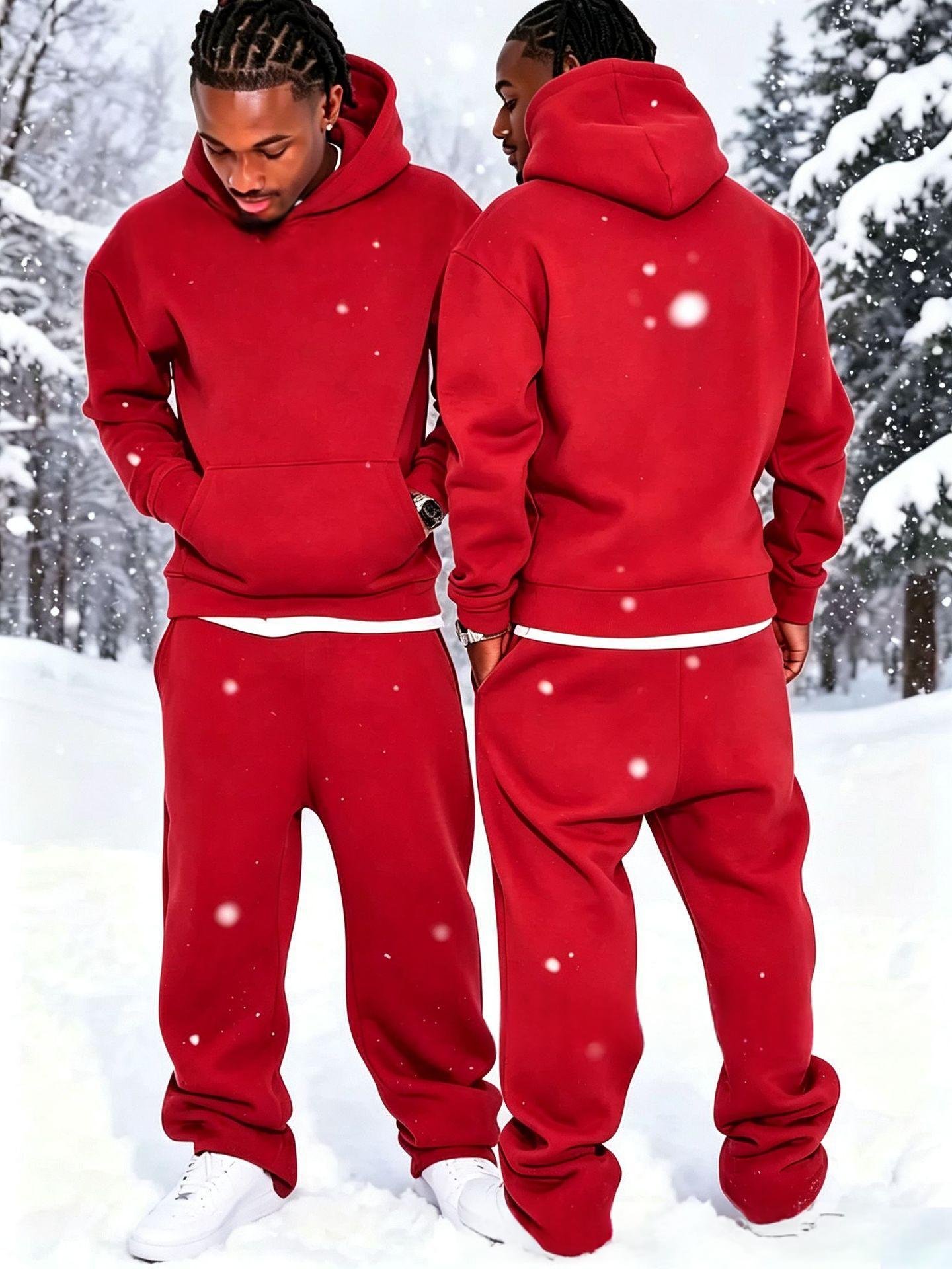 Solid-color Fleece-lined Hoodie And Wide-leg Straight-leg Pants Set - الصورة 9