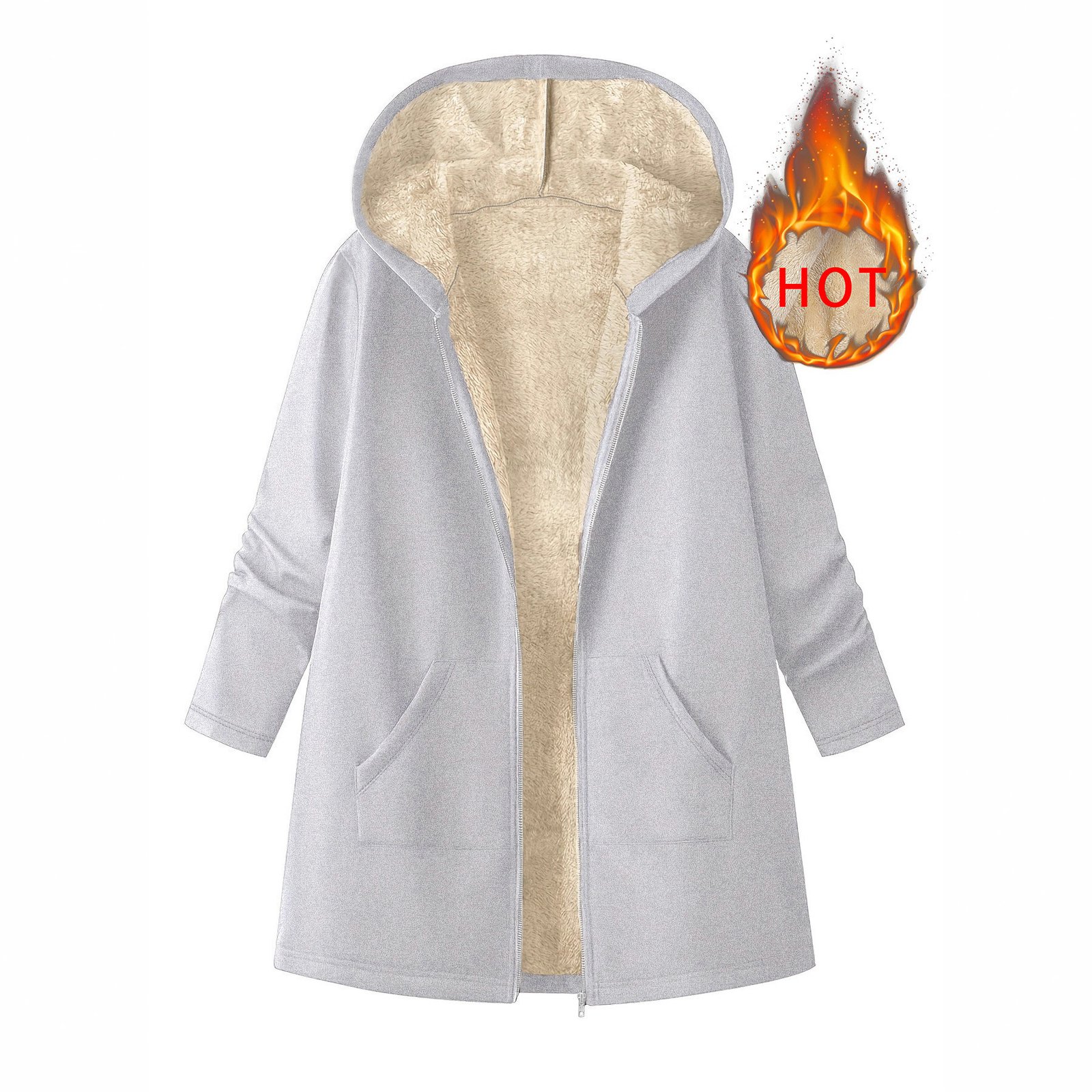 Women's Solid-Color Fleece-Lined Warm Mid-Length Hooded Coat - الصورة 2