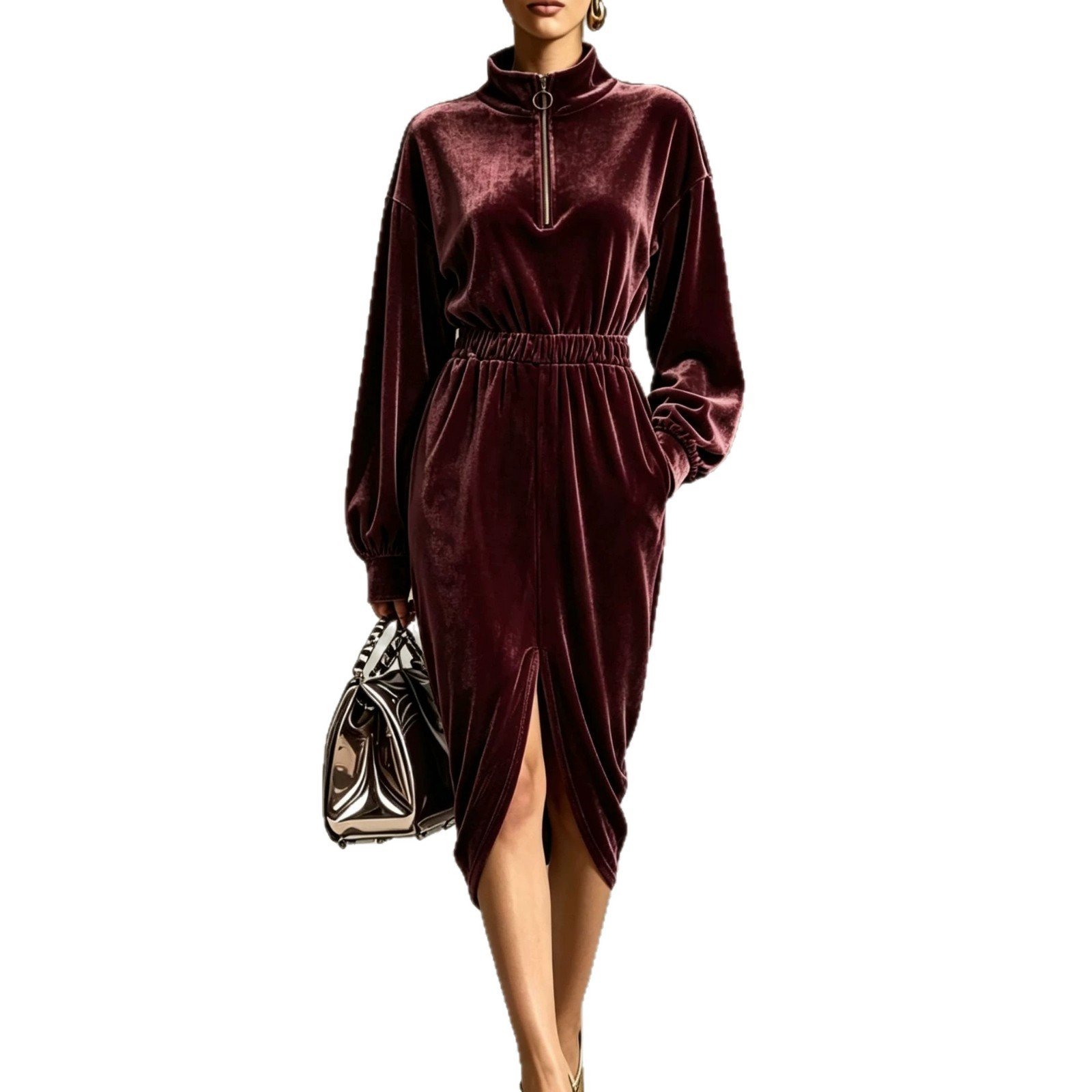Women's Fashion Velvet Zip-front Waist-cinching Long-sleeve Dress - الصورة 5
