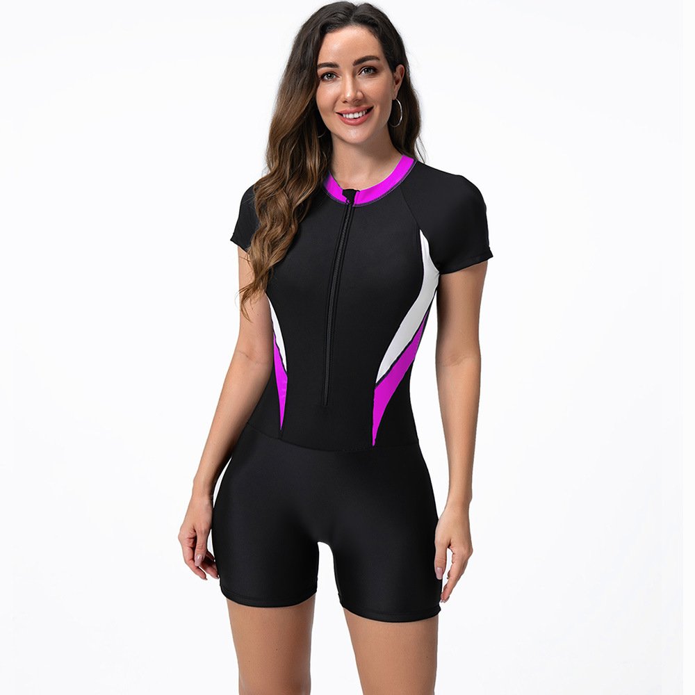 Womens Color-Block Short-Sleeve Bikini-Style Swimsuit - الصورة 3