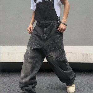 Men Black Denim Overalls Loose Fit Bib Pants Workwear Style Casual Jeans Jumpsuit Wholesale Ready Stock