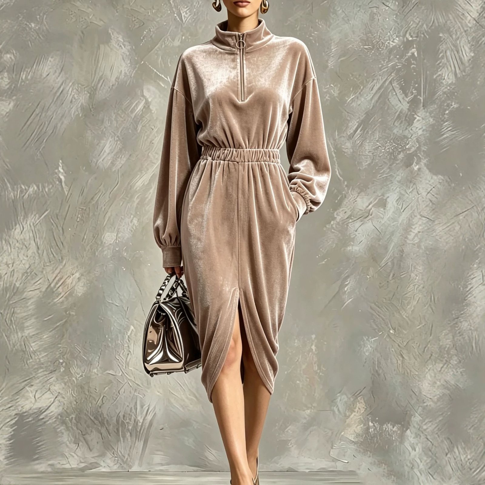 Women's Fashion Velvet Zip-front Waist-cinching Long-sleeve Dress - الصورة 9