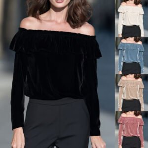 New Autumnwinter Off-shoulder Velvet Long-sleeve Top With Ruffled Hem