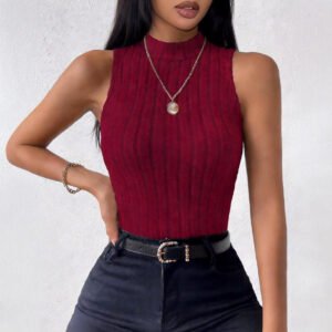 Retro Wine-red Turtleneck Sleeveless Top For Women