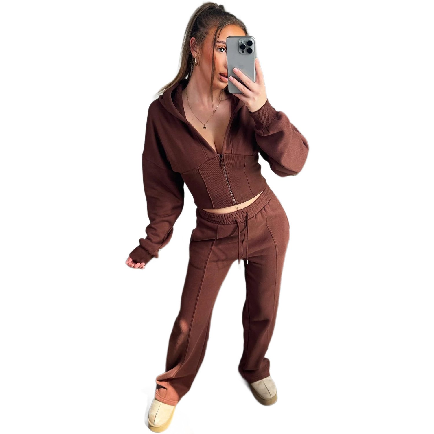 New Autumnwinter Long-sleeve Pants Set With Ribbed Patchwork And A Hooded Cardigan For Women - الصورة 5