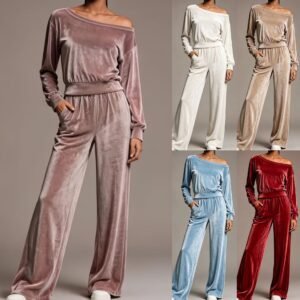 Sexy Off-shoulder Waist-cinching Long-sleeve Top And High-waisted Wide-leg Pants Set