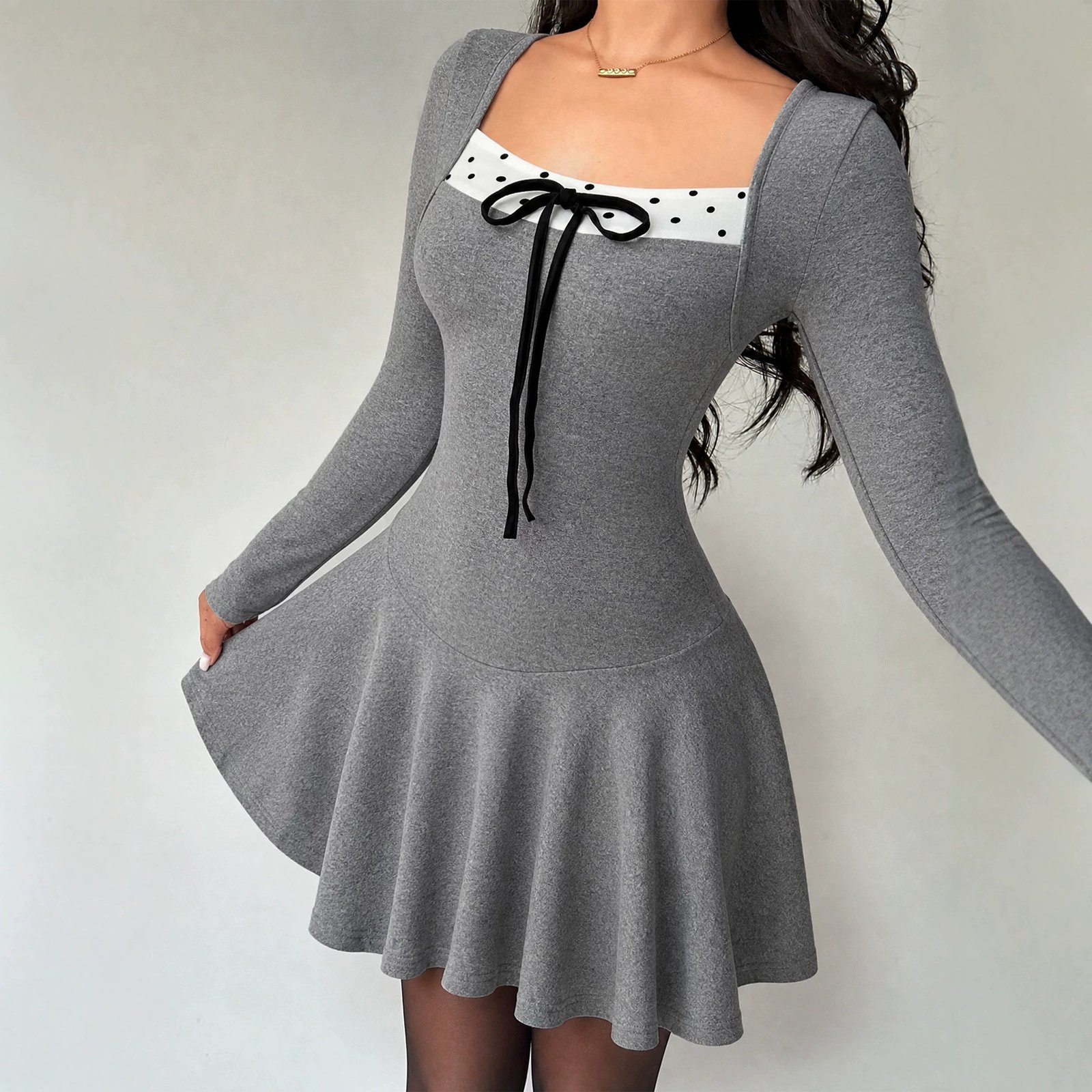 New Arrival Square-neck Long-sleeve Polka-dot Dress That Flatters - الصورة 3