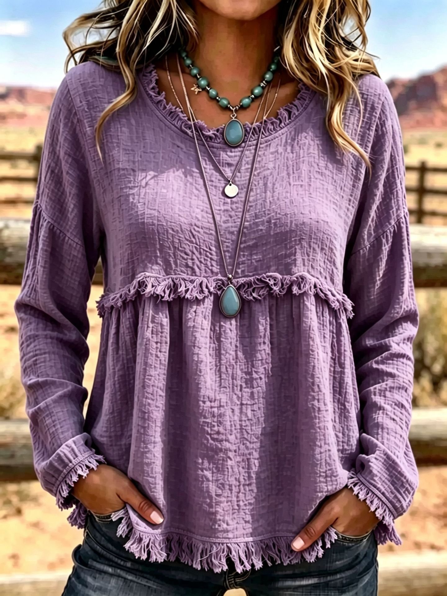 Tasseled Vintage Crew-neck Top Chic Long-sleeve Shirt - الصورة 2