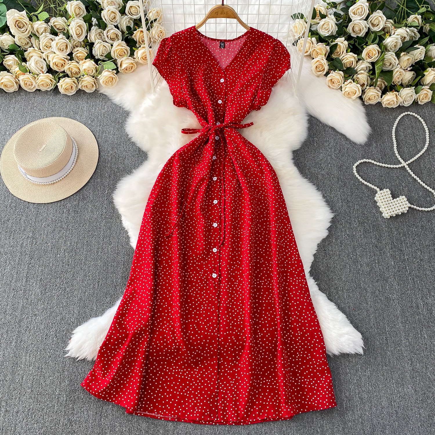 Womens Solid-Color Polka-Dot V-Neck Short-Sleeve Dress - الصورة 6